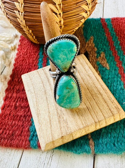 Navajo Kingman Turquoise & Sterling Silver Two Stone Adjustable Ring