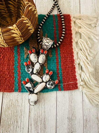 Navajo White Buffalo, Coral and Sterling Silver Cactus Pendant