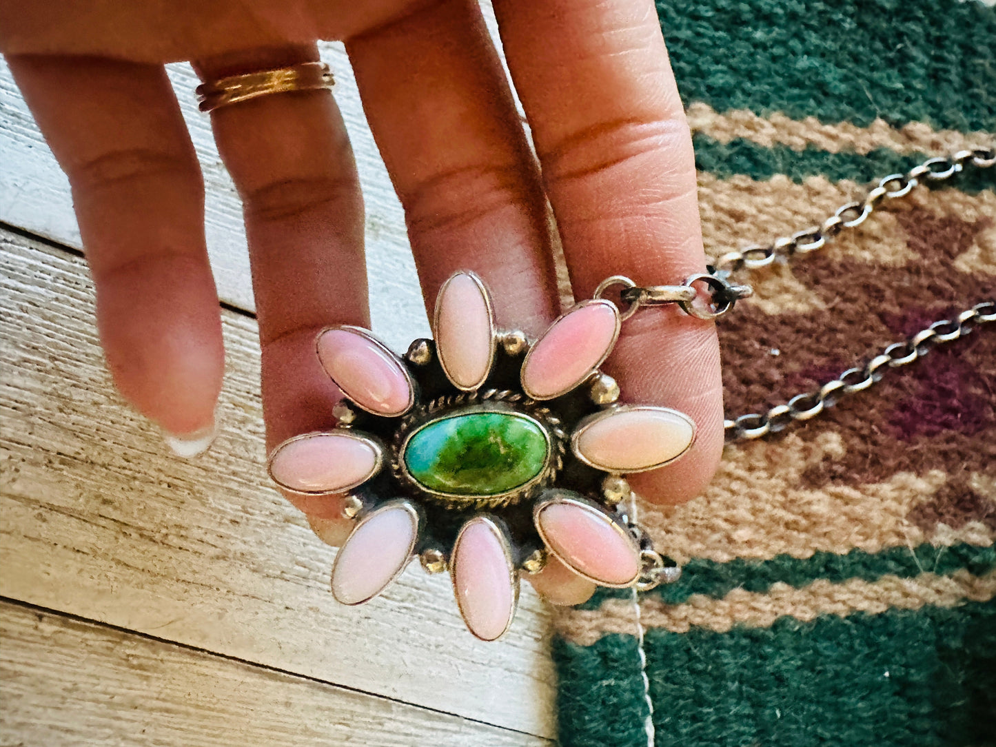 Navajo Sterling Silver, Queen Pink Conch Shell & Turquoise Necklace