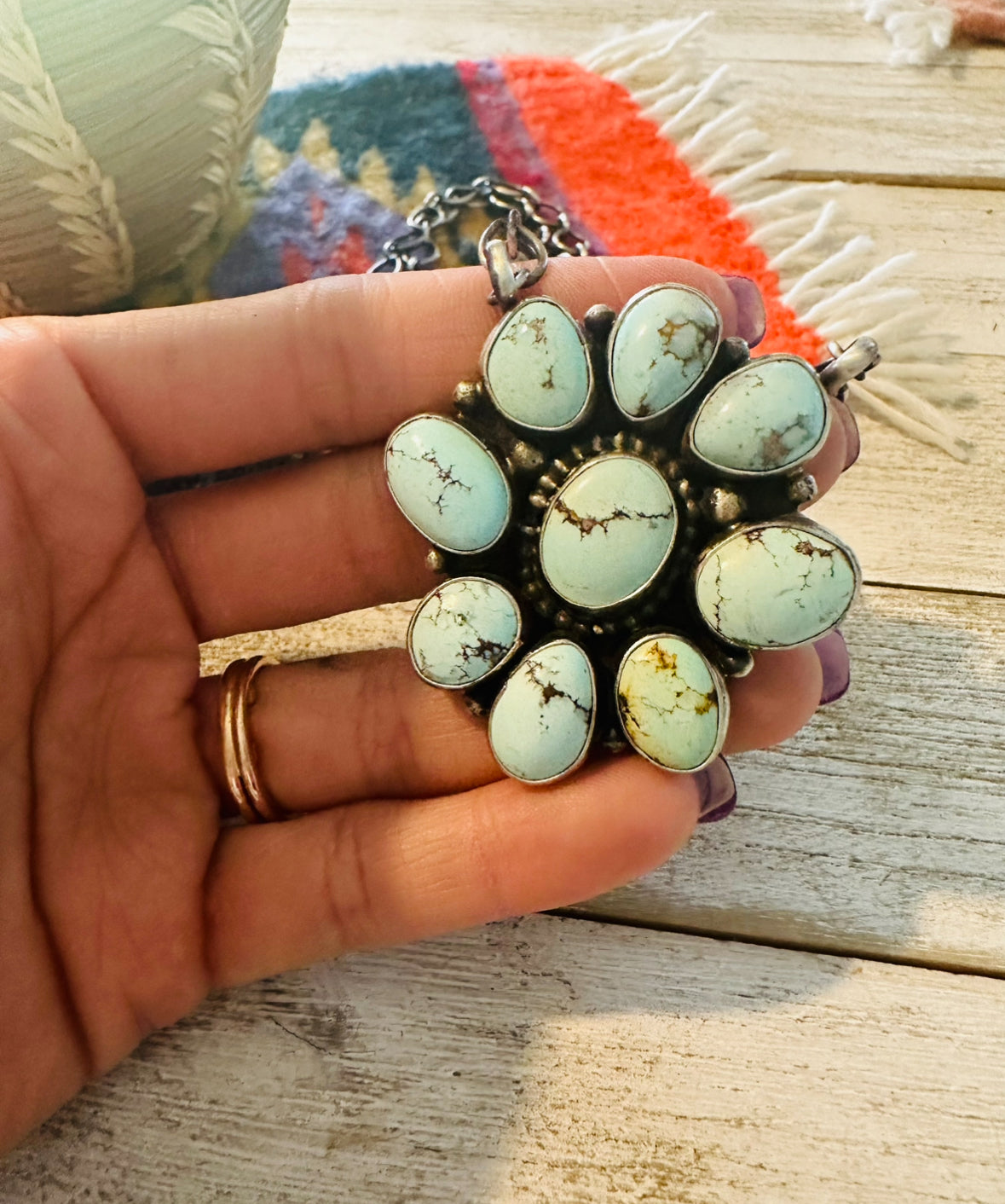 Navajo Sterling Silver & Golden Hills Turquoise Cluster Necklace