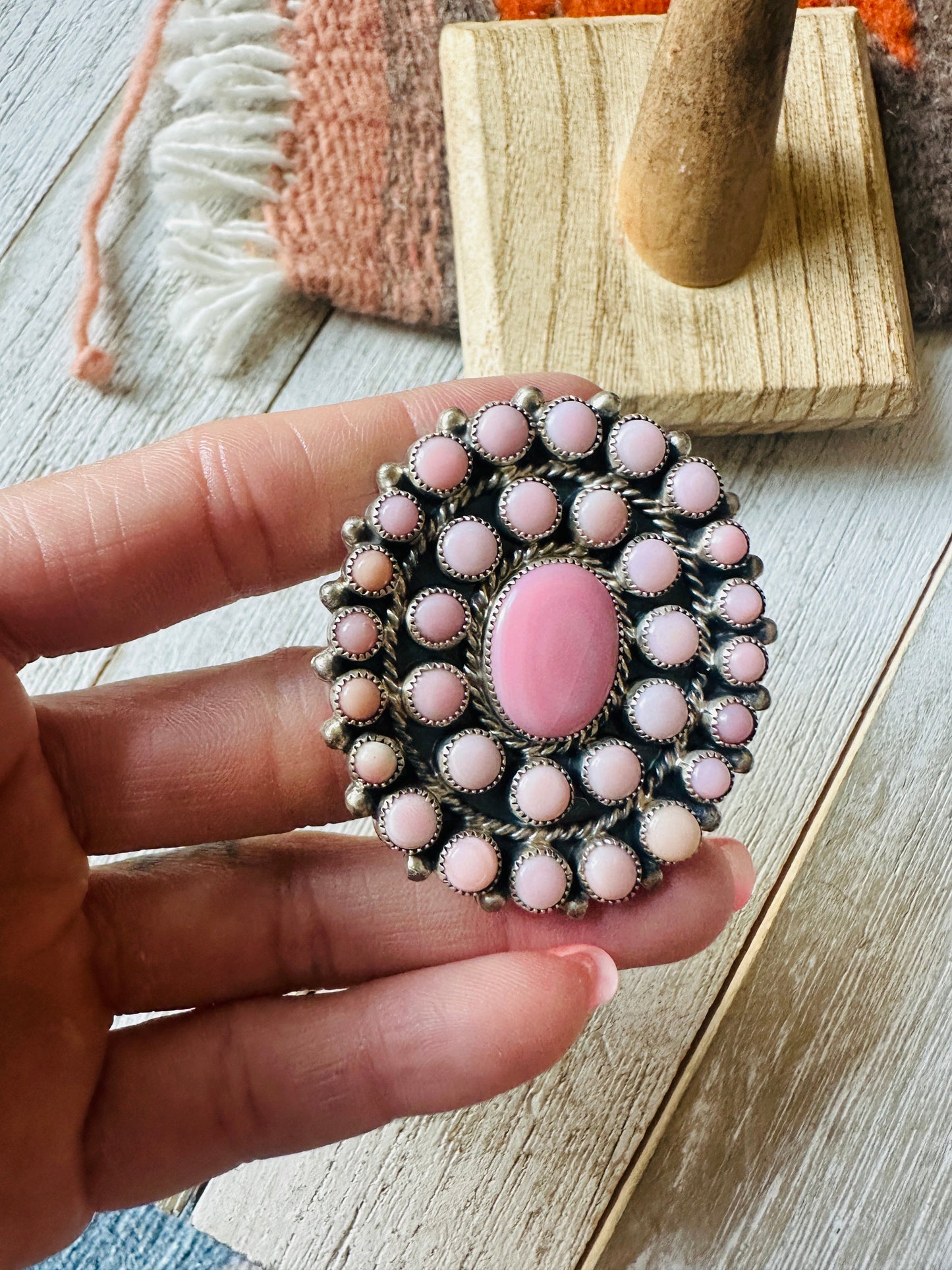 Navajo Sterling Silver & Queen Pink Conch Cluster Adjustable Ring