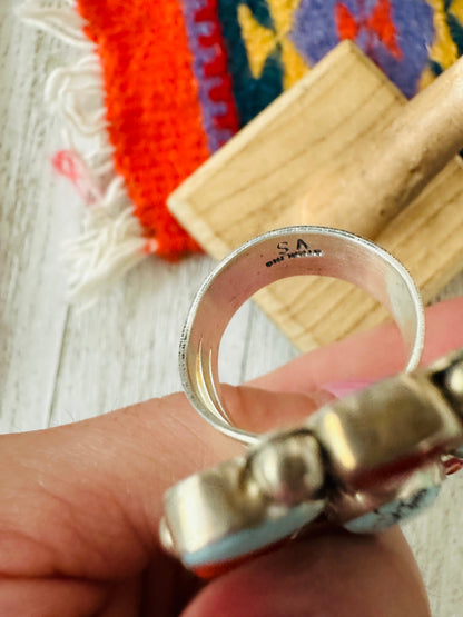 Navajo Golden Hills Turquoise, Coral & Sterling Silver Cluster Adjustable Ring