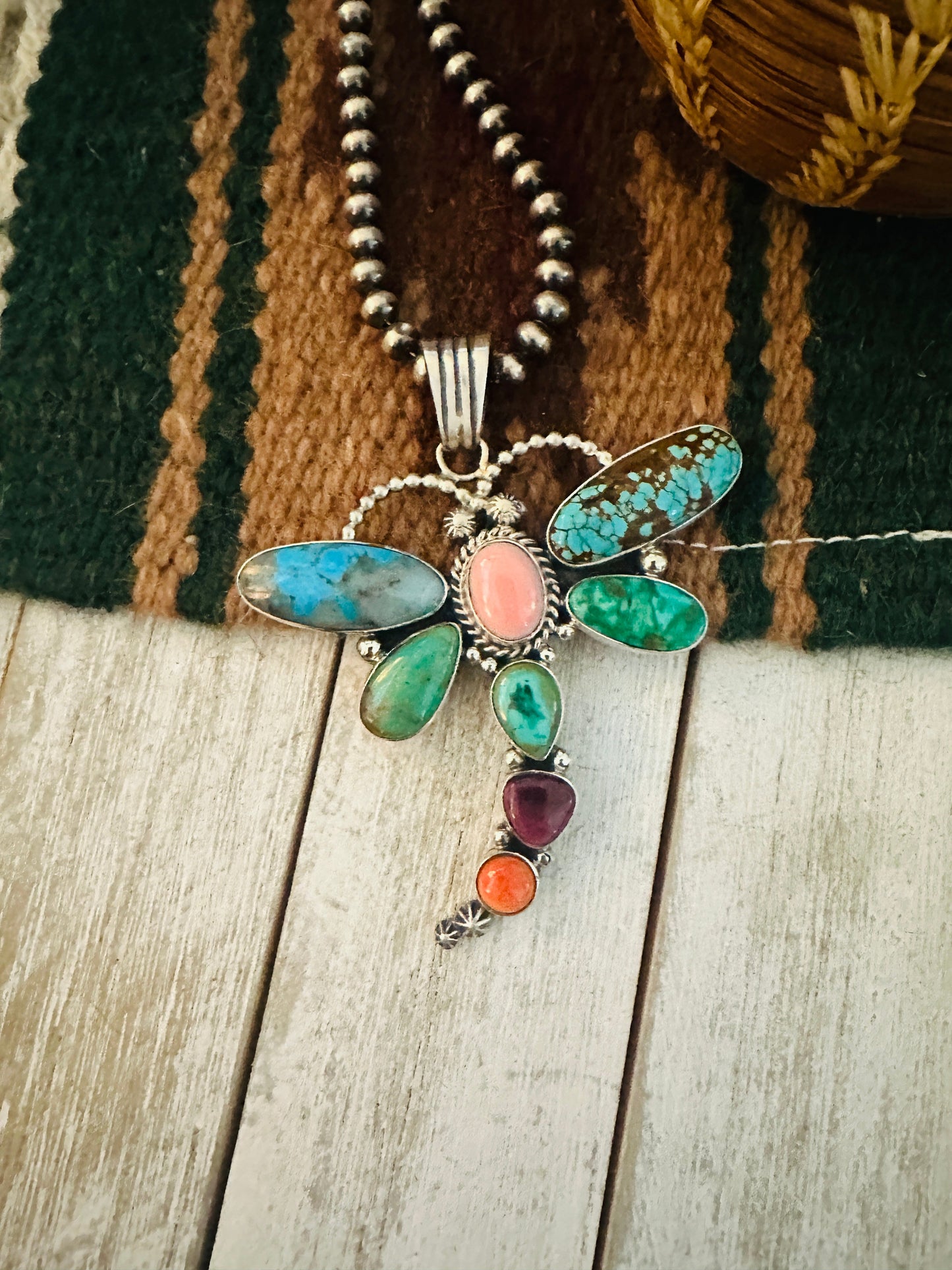 Navajo Multi Stone & Sterling Silver Dragonfly Pendant