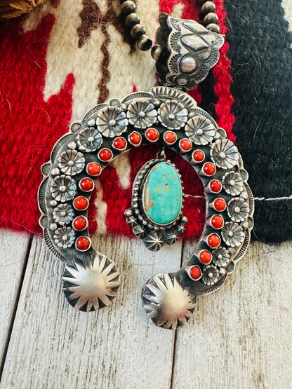 Navajo Sterling Silver, Coral & Turquoise Naja Pendant by Shawn Cayatineto