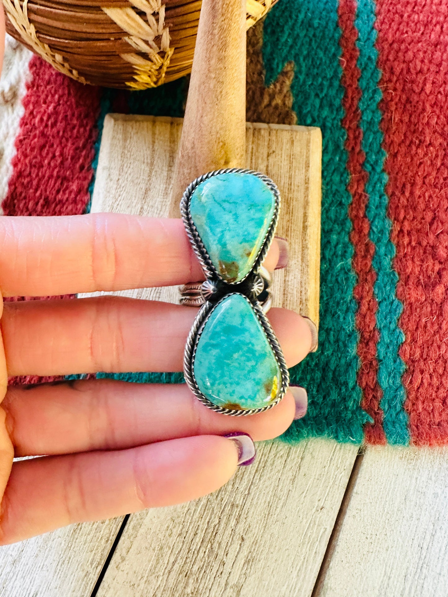 Navajo Kingman Turquoise & Sterling Silver Two Stone Adjustable Ring