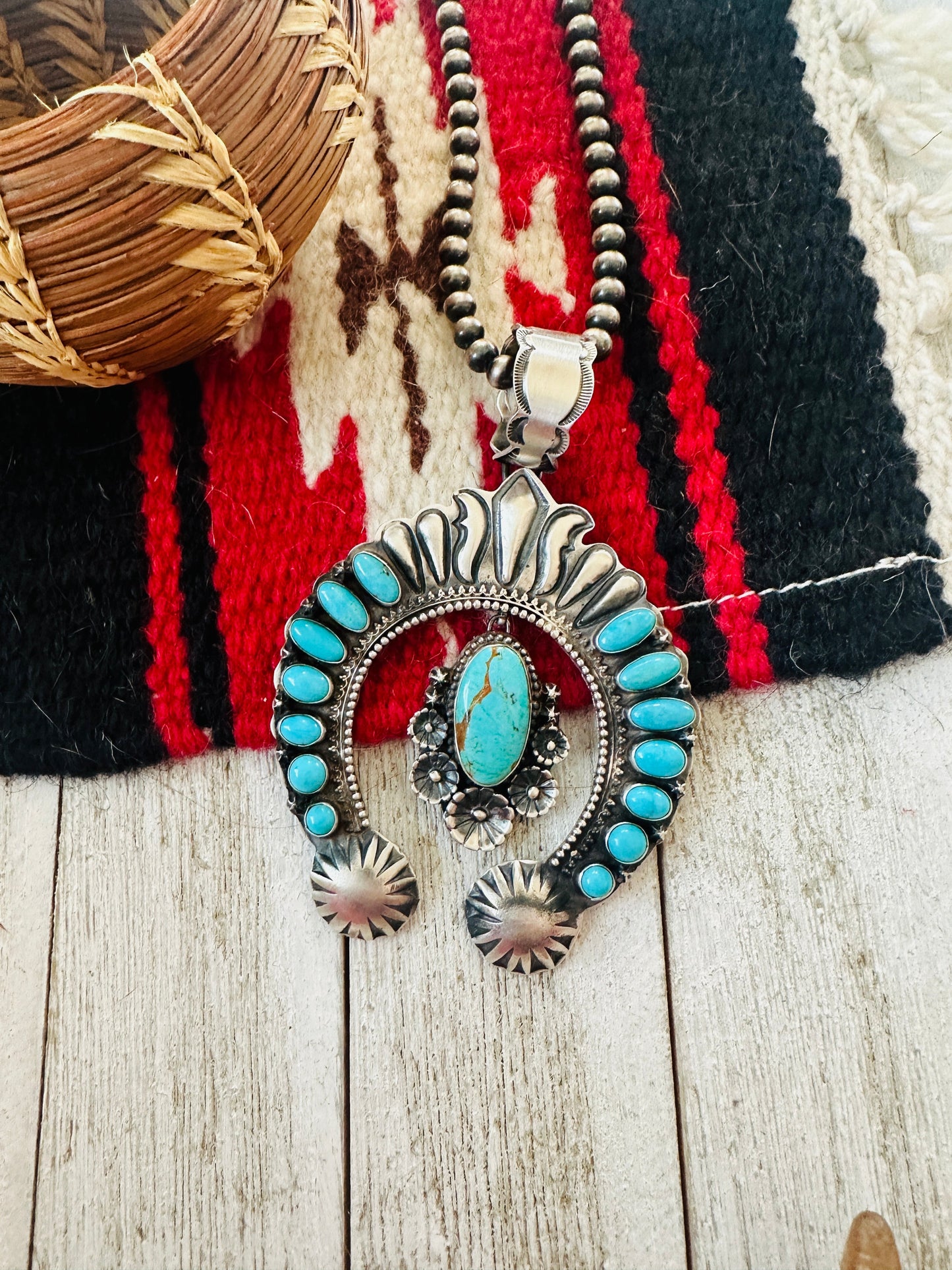 Navajo Sterling Silver & Turquoise Naja Pendant by Shawn Cayatineto