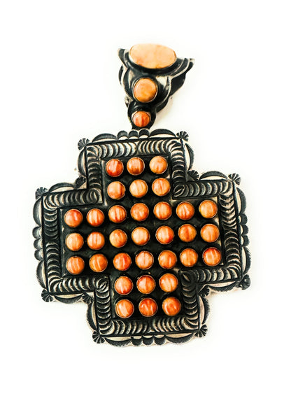 Navajo Sterling Silver & Orange Spiny Cross Pendant by Shawn Cayatineto