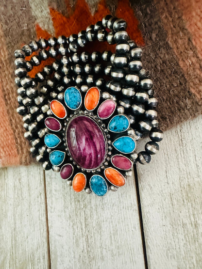 Navajo Spiny, Turquoise & Sterling Silver Pearl Beaded Stretch Bracelet