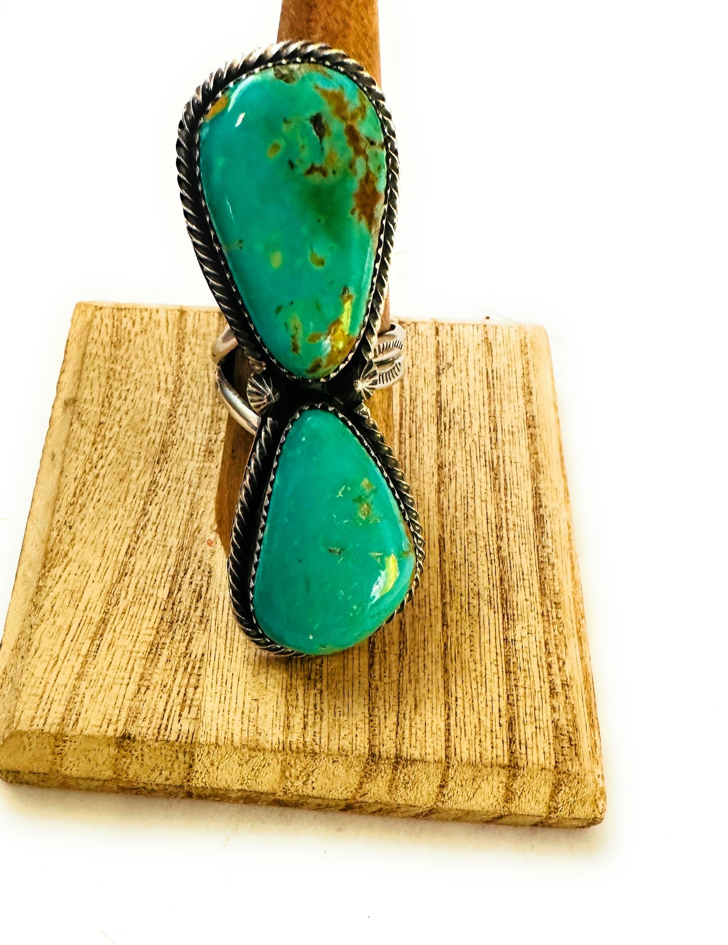 Navajo Kingman Turquoise & Sterling Silver Two Stone Adjustable Ring