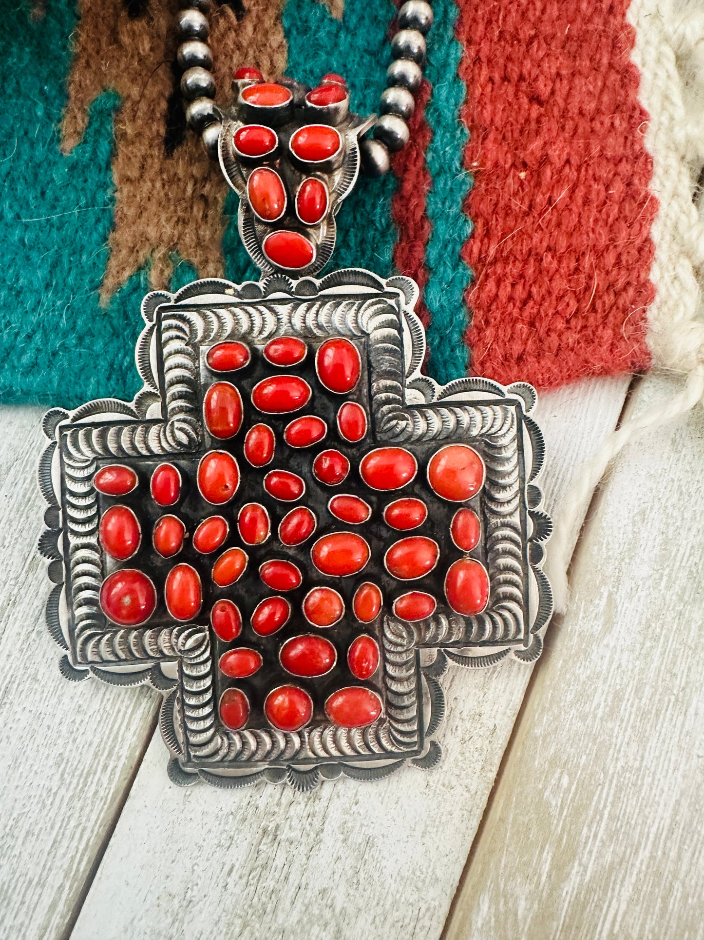 Navajo Sterling Silver & Coral Cross Pendant by Shawn Cayatineto