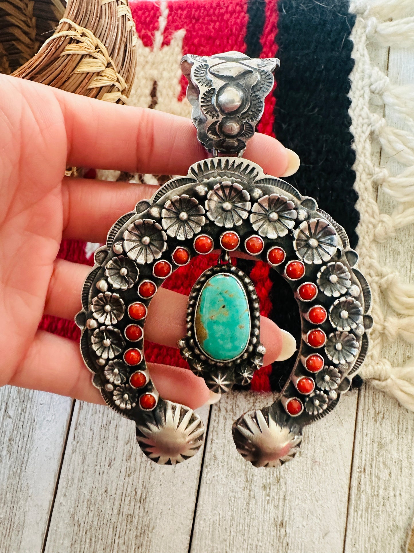 Navajo Sterling Silver, Coral & Turquoise Naja Pendant by Shawn Cayatineto