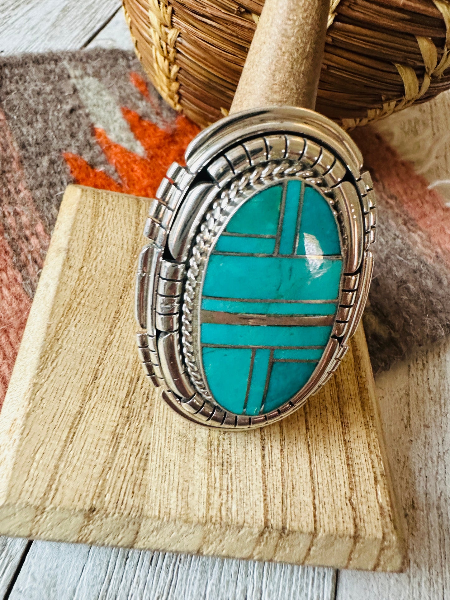 Navajo Sterling Silver & Turquoise Inlay Adjustable Ring