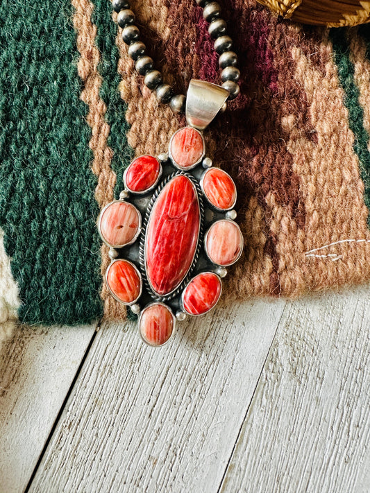 Navajo Sterling Silver & Orange Spiny Cluster Pendant