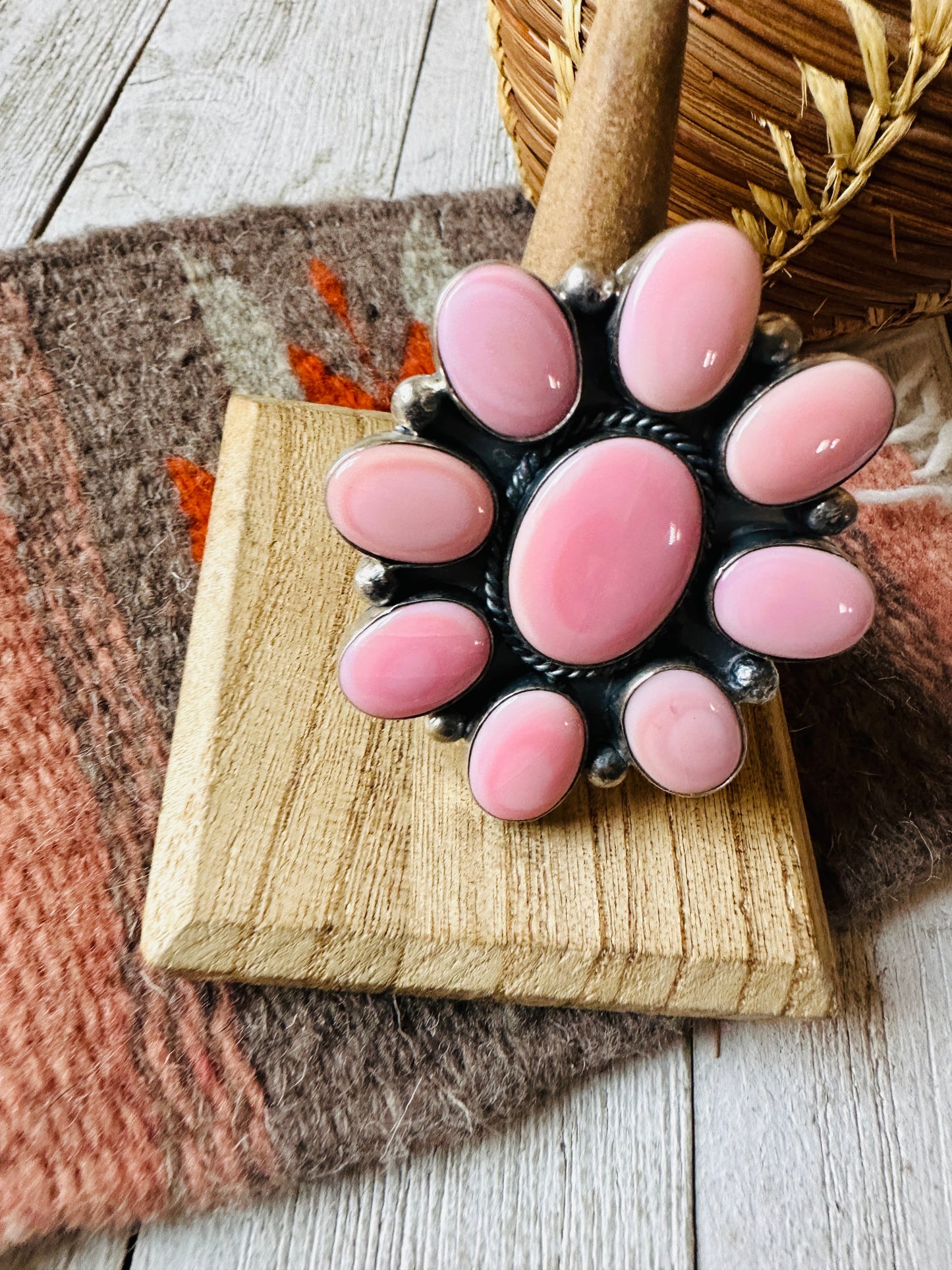 Navajo Sterling Silver & Queen Pink Conch Cluster Adjustable Ring