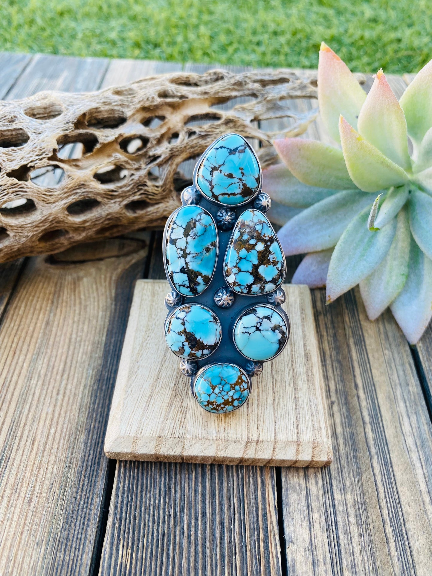 Navajo Kingman Web Turquoise & Sterling Silver Adjustable Ring