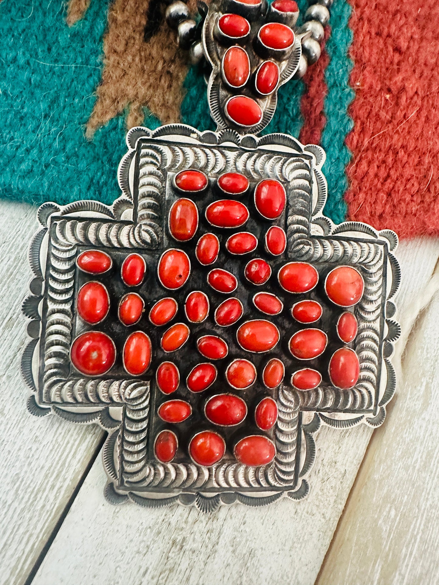 Navajo Sterling Silver & Coral Cross Pendant by Shawn Cayatineto