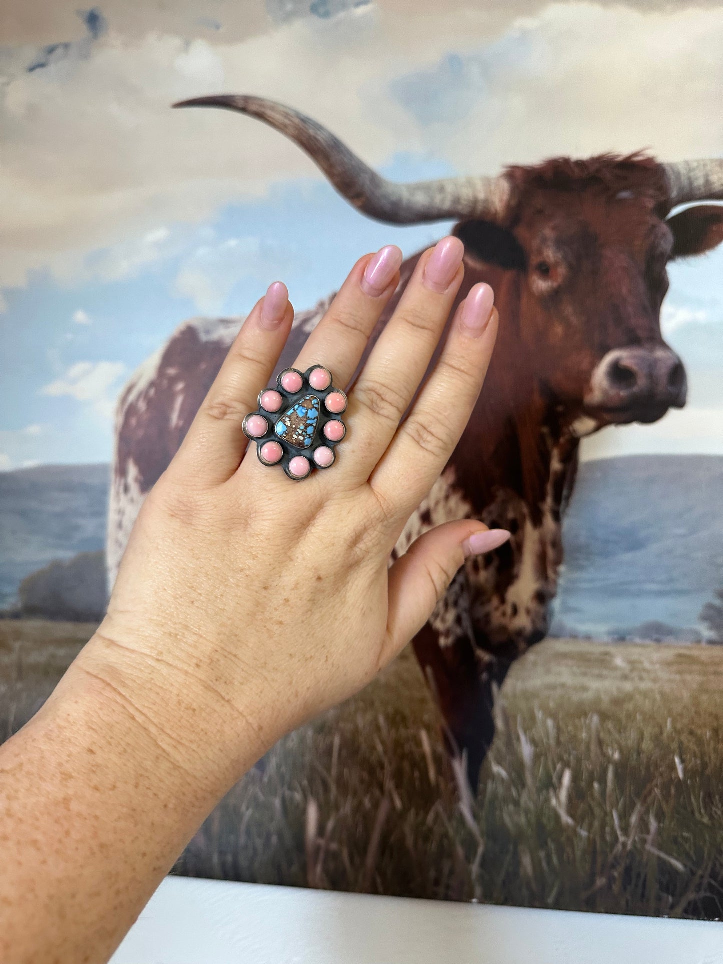 Navajo Golden Hills Turquoise, Pink Conch, and Sterling Silver Adjustable Ring