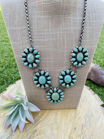 Navajo Carico Lake Turquoise & Sterling Silver Cluster Necklace Signed