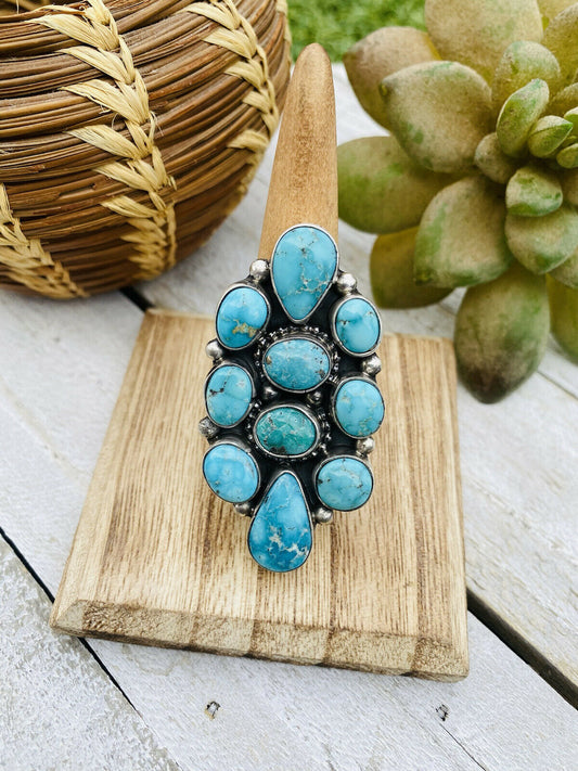 Navajo Turquoise & Sterling Silver Cluster Adjustable Ring