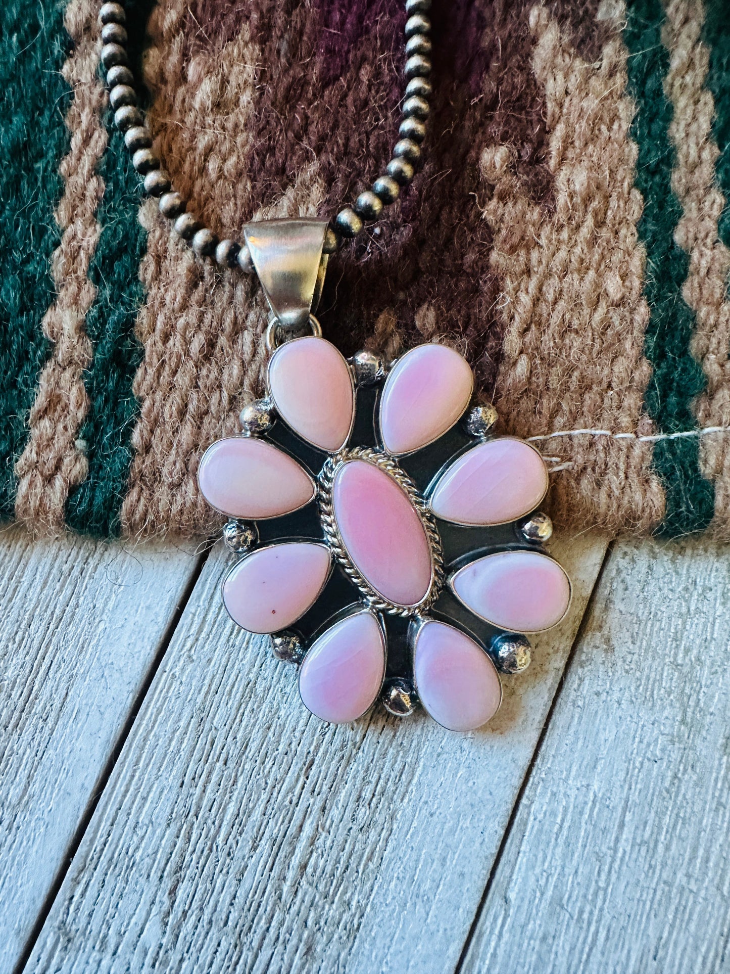 Navajo Queen Pink Conch Shell & Sterling Silver Cluster Pendant