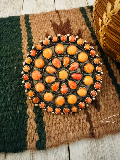 Navajo Sterling Silver & Orange Spiny Cluster Adjustable Ring