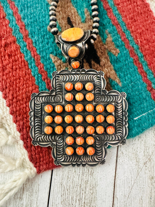 Navajo Sterling Silver & Orange Spiny Cross Pendant by Shawn Cayatineto