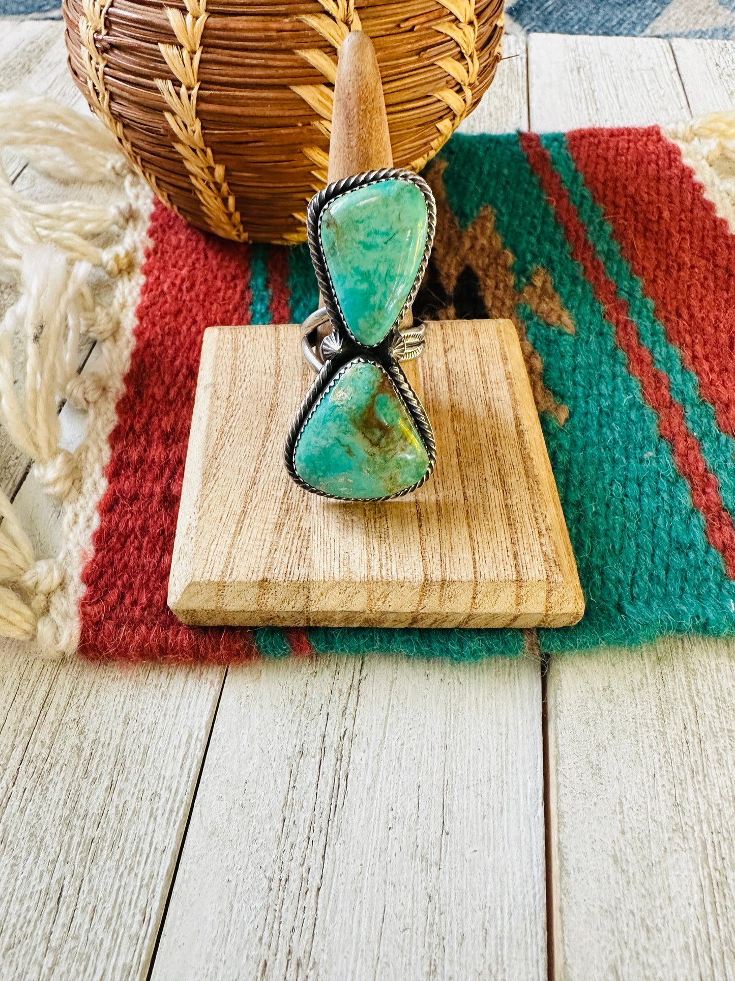 Navajo Kingman Turquoise & Sterling Silver Two Stone Adjustable Ring