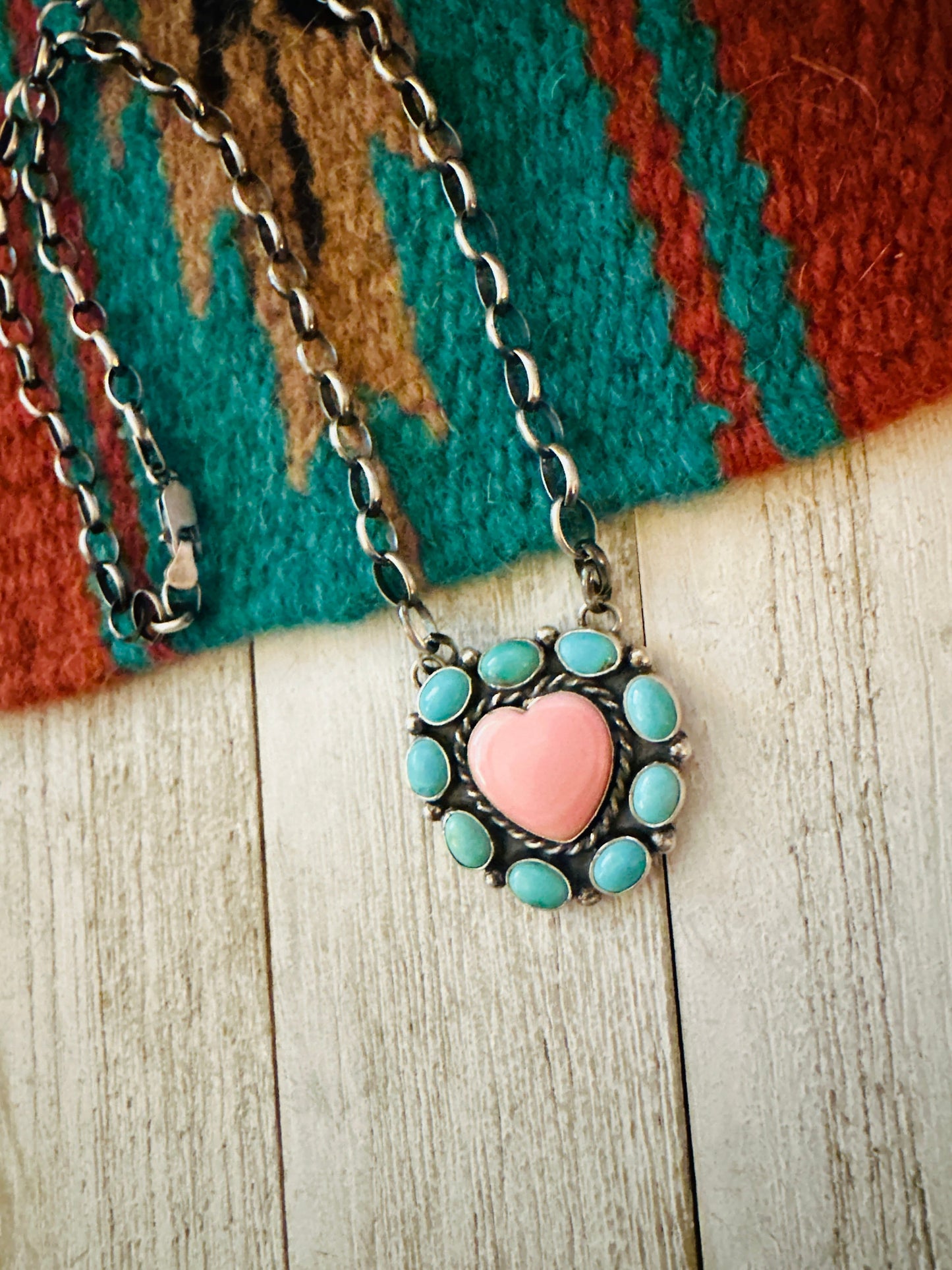 Navajo Sterling Silver, Queen Pink Conch Shell & Turquoise Necklace