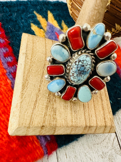 Navajo Golden Hills Turquoise, Coral & Sterling Silver Cluster Adjustable Ring