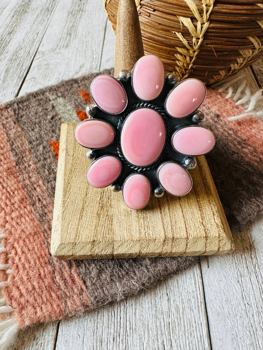 Navajo Sterling Silver & Queen Pink Conch Cluster Adjustable Ring