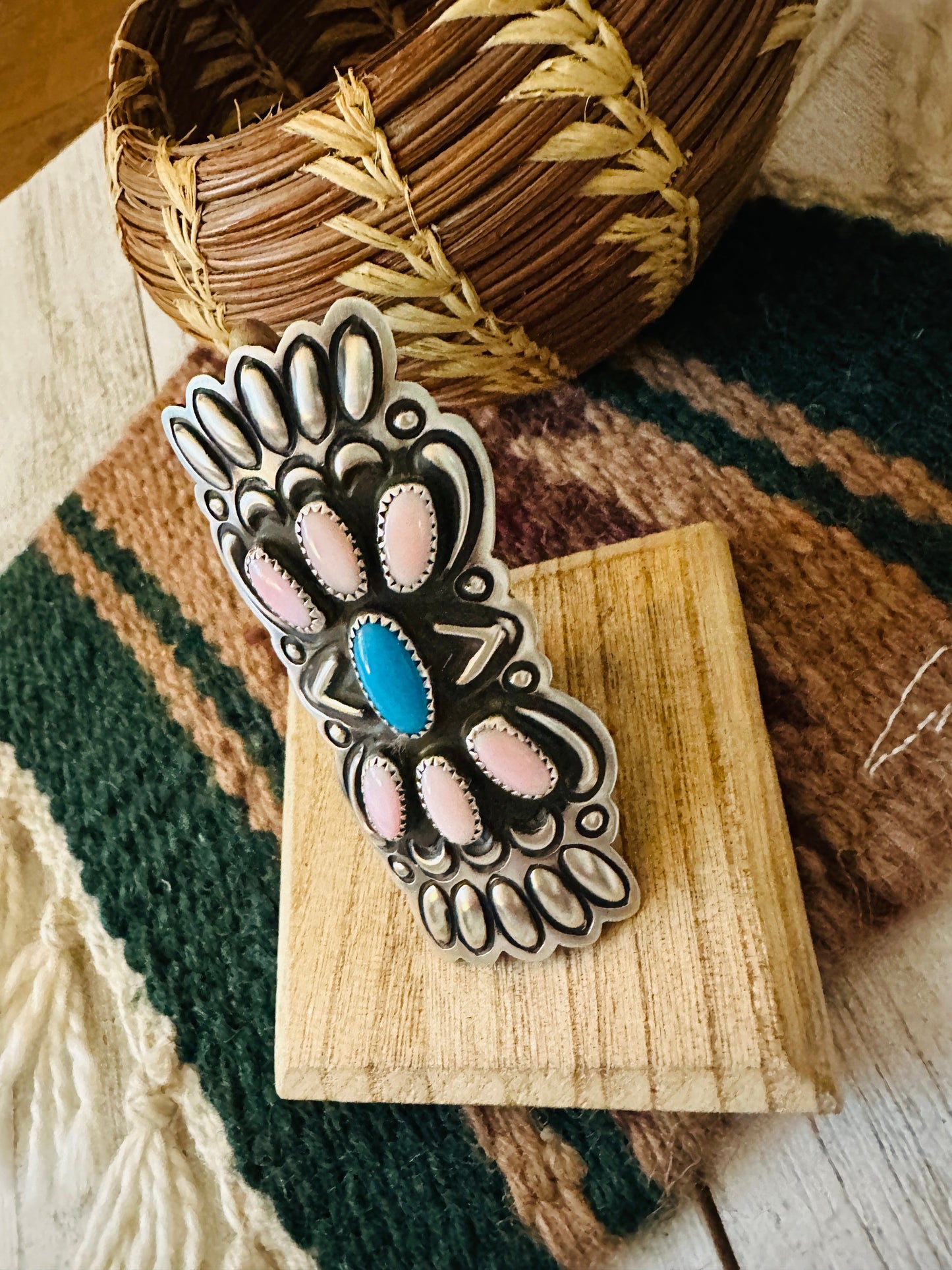 Navajo Sterling Silver, Turquoise & Queen Pink Conch Shell Adjustable Ring