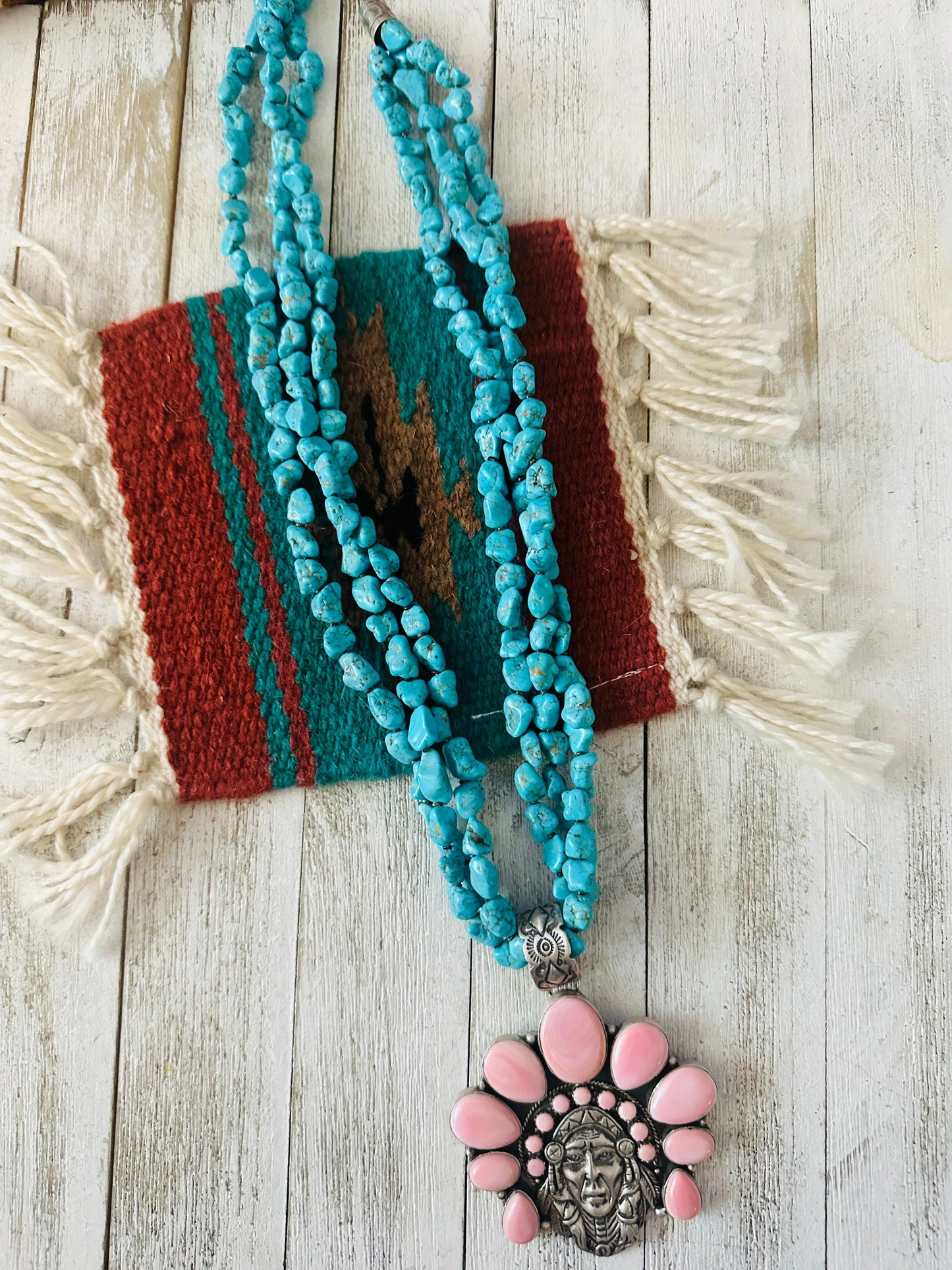 Stunning Navajo Sterling Silver, Queen Pink Conch & Turquoise Indian Chief Beaded Necklace