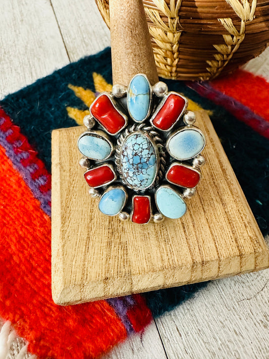 Navajo Golden Hills Turquoise, Coral & Sterling Silver Cluster Adjustable Ring