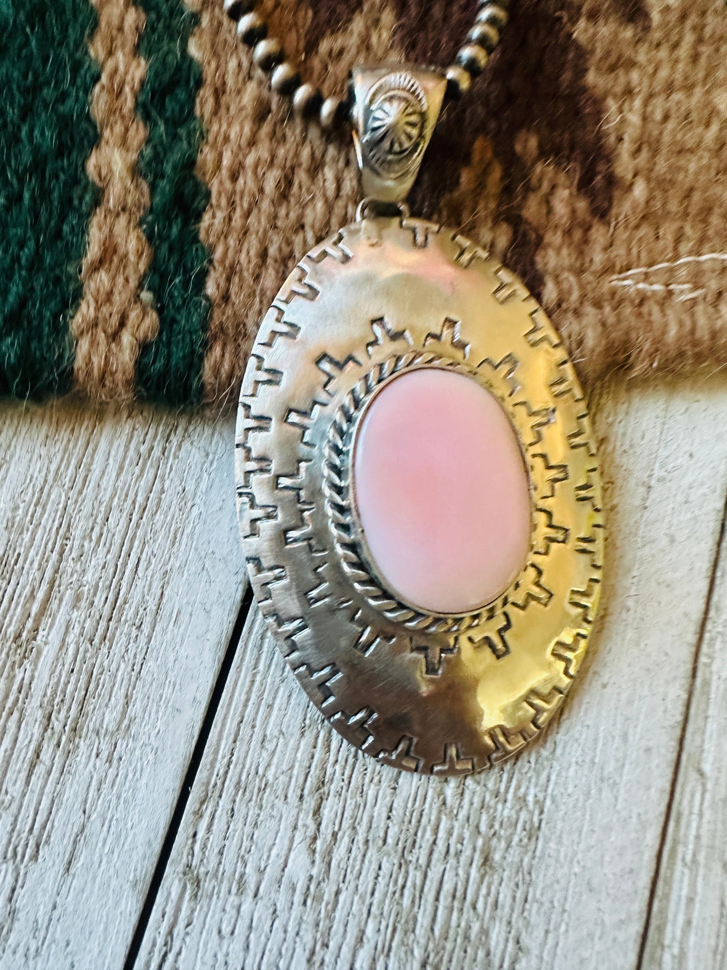 Navajo Queen Pink Conch Shell & Sterling Silver Concho Pendant