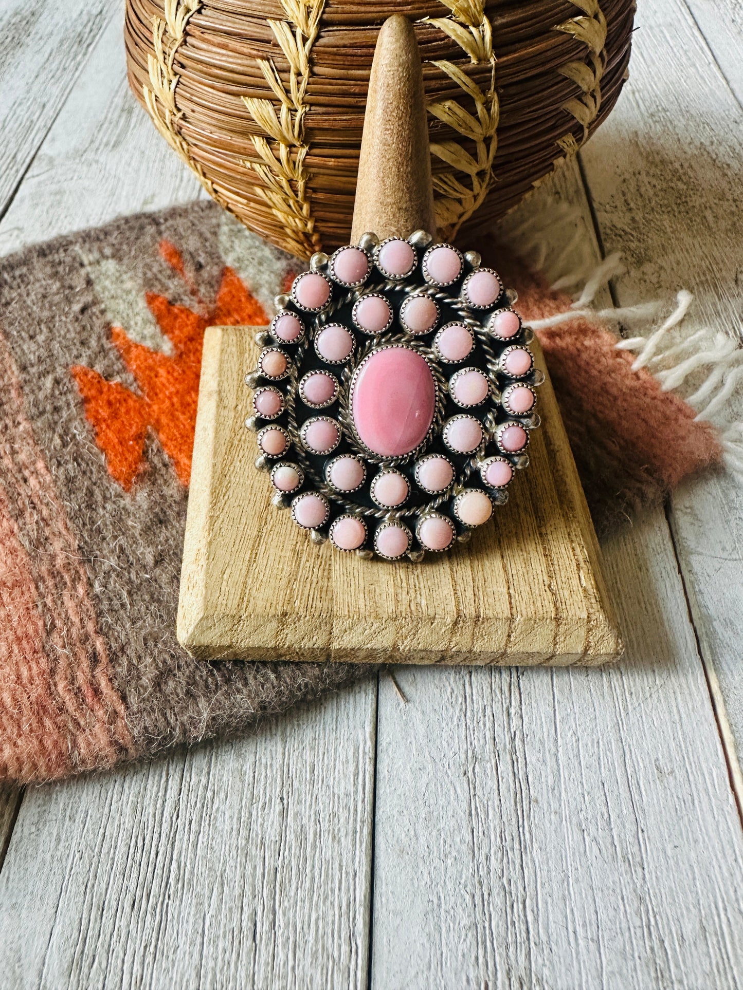 Navajo Sterling Silver & Queen Pink Conch Cluster Adjustable Ring