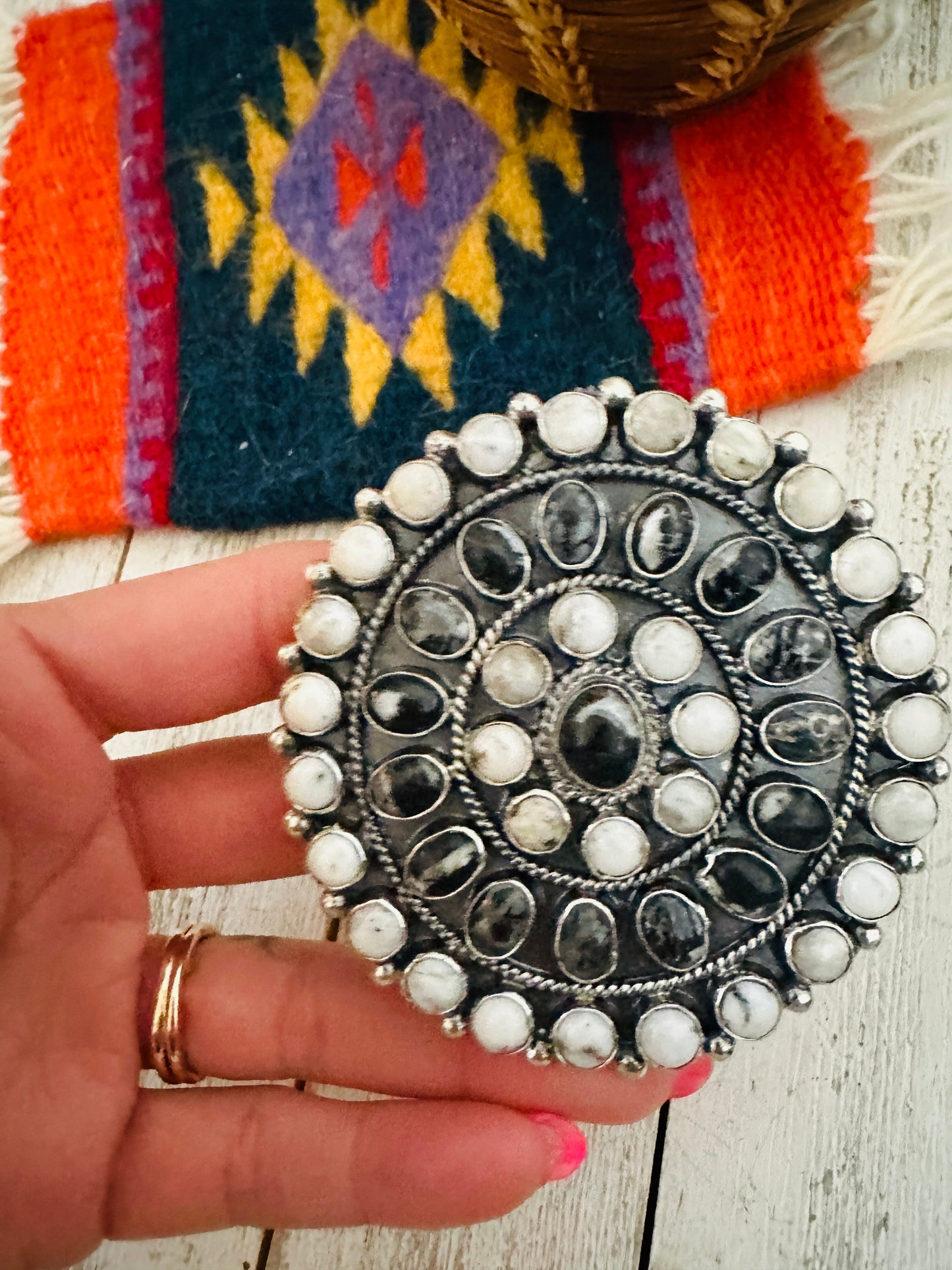 Navajo White Buffalo & Sterling Silver Adjustable Cluster Ring