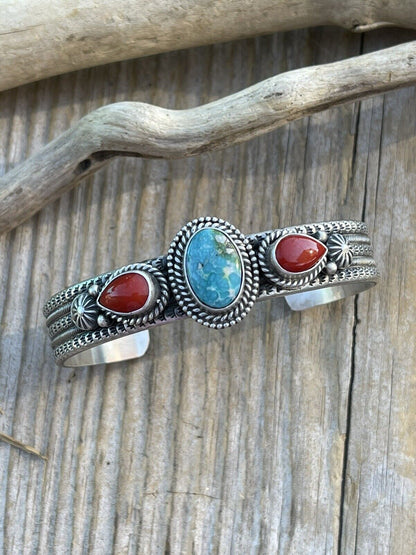 Navajo Sterling Silver Red Coral & Turquoise Bracelet Signed M & R Calladitto