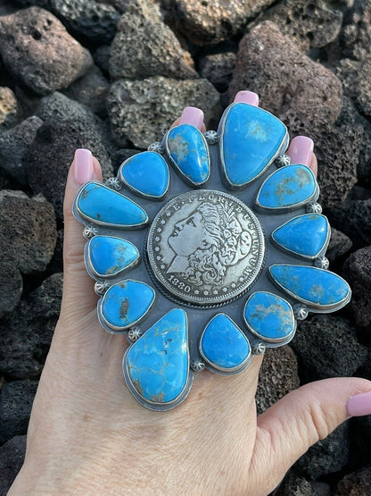 Gorgeous Navajo Sterling Silver Coin & Kingman Turquoise Adjustable Ring