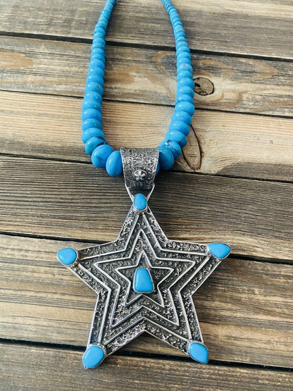 Navajo Turquoise & Sterling Silver Tufa Cast Star Beaded Necklace