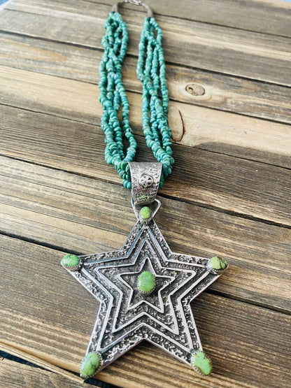 Navajo Turquoise & Sterling Silver Tufa Cast Star Beaded Necklace