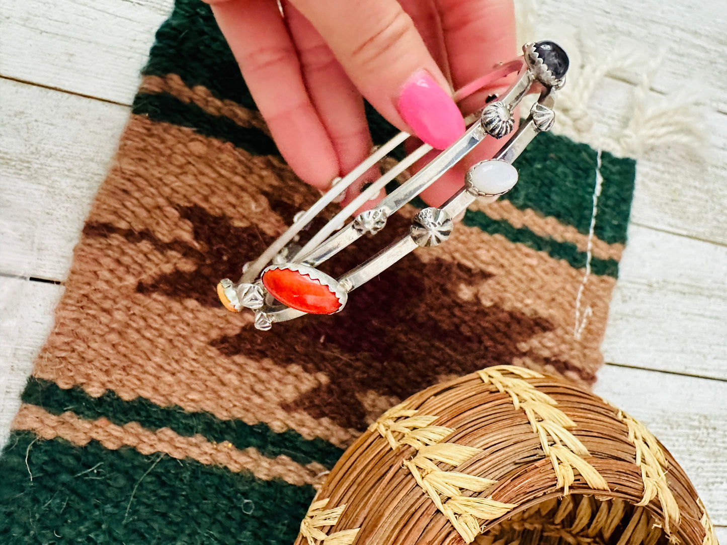 Navajo Multi Stone & Sterling Silver Bangle Bracelet