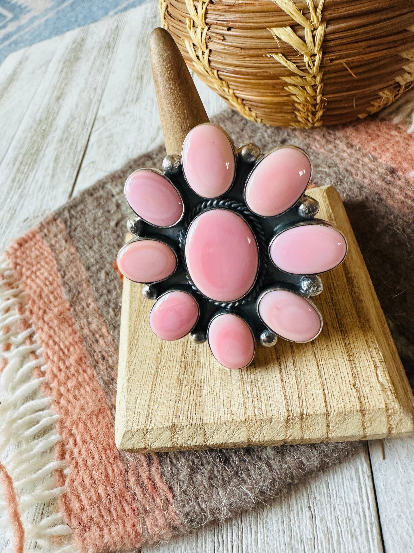 Navajo Sterling Silver & Queen Pink Conch Cluster Adjustable Ring