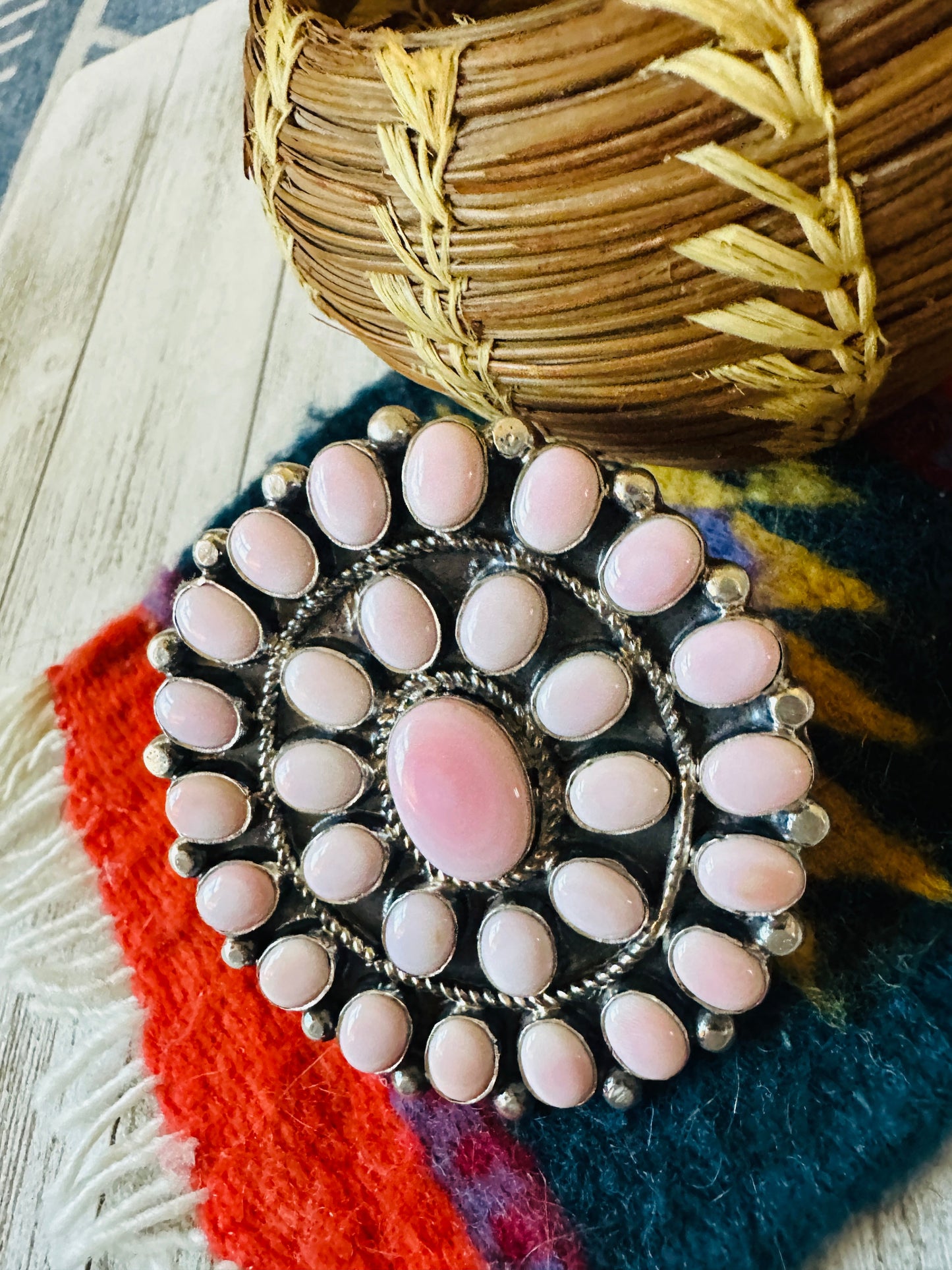 Navajo Sterling Silver & Queen Pink Conch Cluster Adjustable Ring