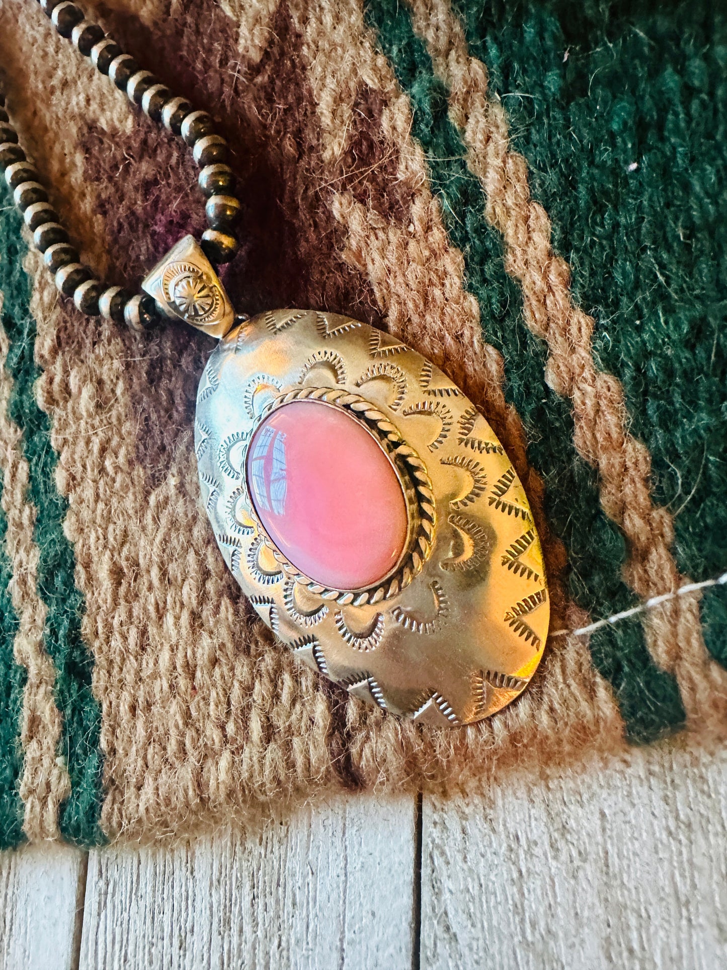 Navajo Queen Pink Conch Shell & Sterling Silver Concho Pendant