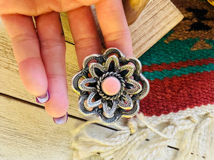 Navajo Sterling Silver & Queen Pink Conch Shell Adjustable Flower Ring by Kevin Billah