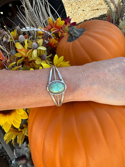 Navajo Carico Lake Turquoise And Sterling Silver Single Stone Adjustable Cuff Bracelet Signed