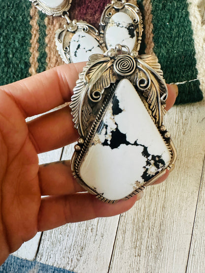 Navajo White Buffalo & Sterling Silver Lariat Necklace