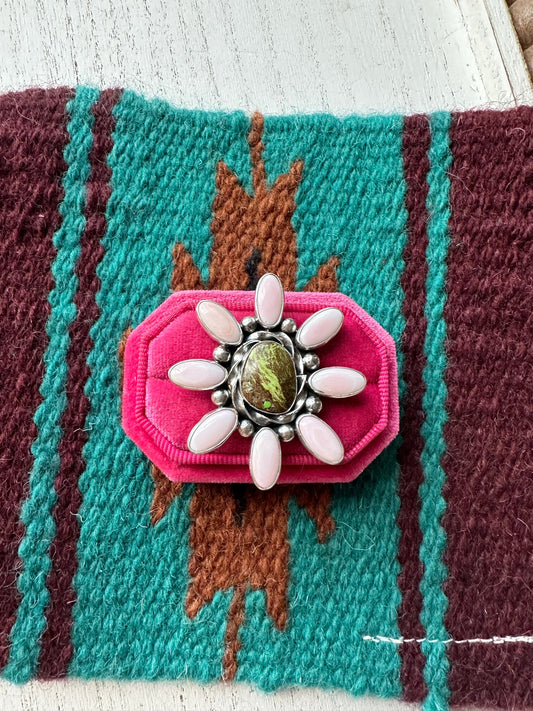 “Pink Blossom” Gorgeous Navajo Turquoise, Pink Conch And Sterling Silver Adjustable Flower Ring Signed