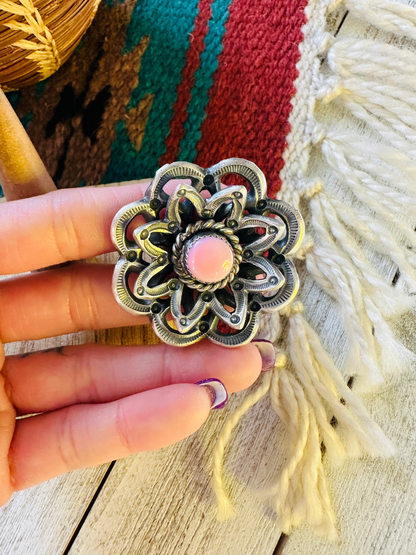 Navajo Sterling Silver & Queen Pink Conch Shell Adjustable Flower Ring by Kevin Billah