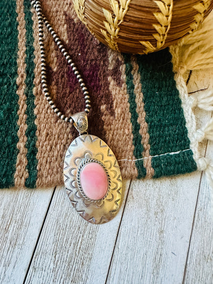 Navajo Queen Pink Conch Shell & Sterling Silver Concho Pendant